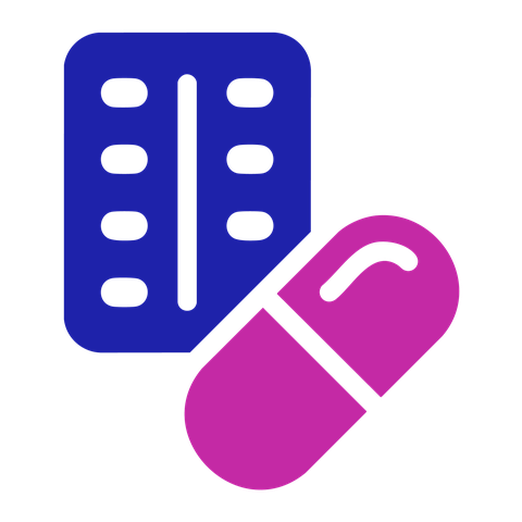 Blister pack icon: an oval capsule in front of packaging containing more capsules