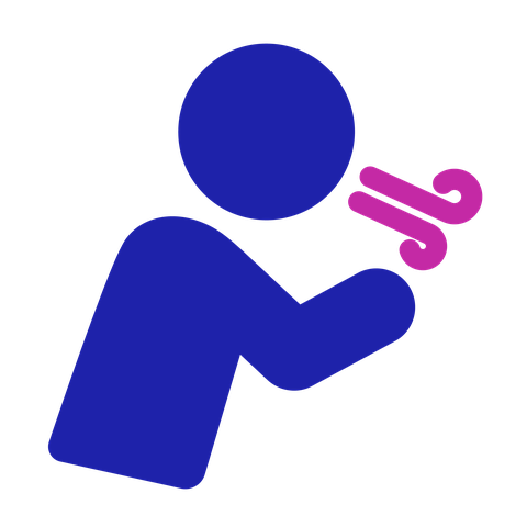 Breathlessness icon: a person bending forwards with a puff of air coming out of their mouth