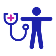 Check-up icon: a stethoscope with a medical cross symbol next to a person with their arms out