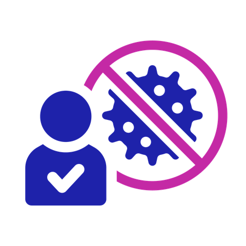 Cure icon: A circle with a cancer cell with a cross through it is next to a person with a tick on their chest, to show their cancer is cured.