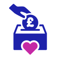 Donation icon: a hand putting a coin into a collection box. There is a heart on the box.