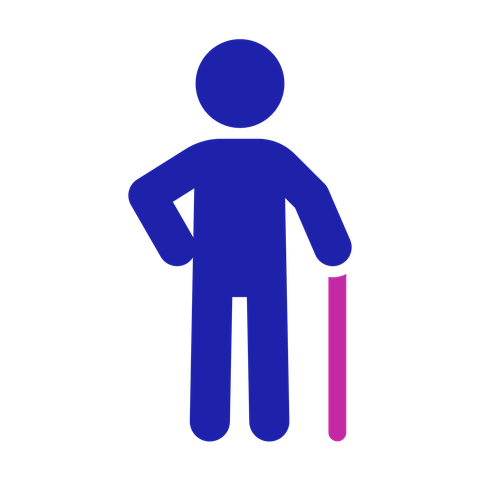 Elderly person icon: a person standing with a walking stick, with their hand on their hip