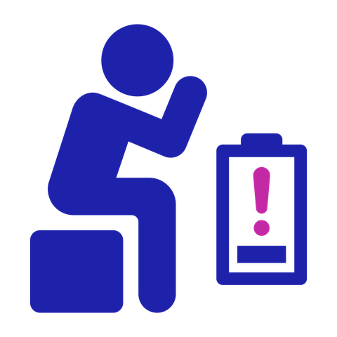 Fatigue icon: a person seated with their head in their hands. There is a run-down battery symbol next to them.