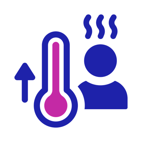 Fever icon: a person with heat symbols above their head. There is a thermometer next to them with an upwards arrow.