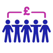Fundraising icon: a group of people with their arms around each other. There is a pound symbol over their heads.