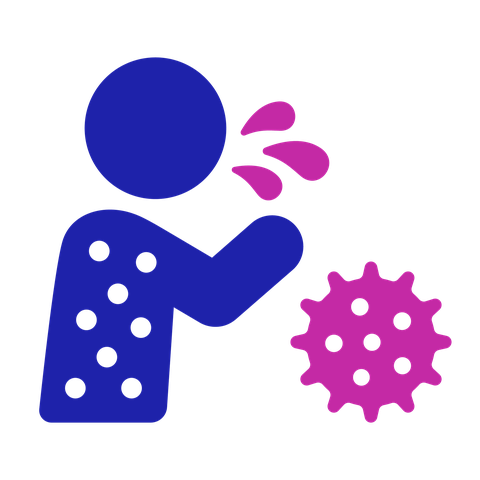 Infections icon: a person is coughing or sneezing with droplets coming out of their mouth. They have a rash. There is a virus symbol next to them.