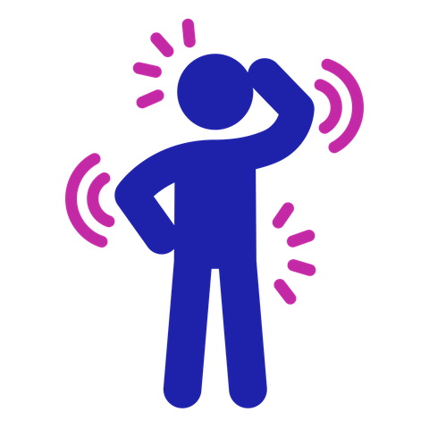 Itching icon: a person is scratching their head and hip. There are symbols around other parts of their body to show they are itchy.