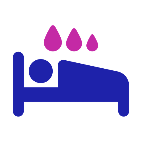 Night sweats icon: a person lies in bed. There are droplets of sweat around them.