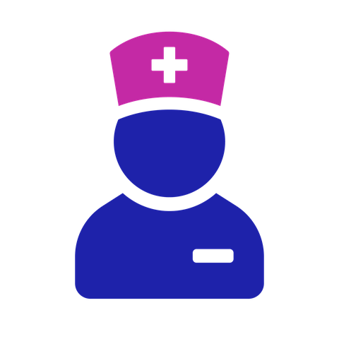 Nurse icon: a person wearing a name badge and a hat with a medical cross on it