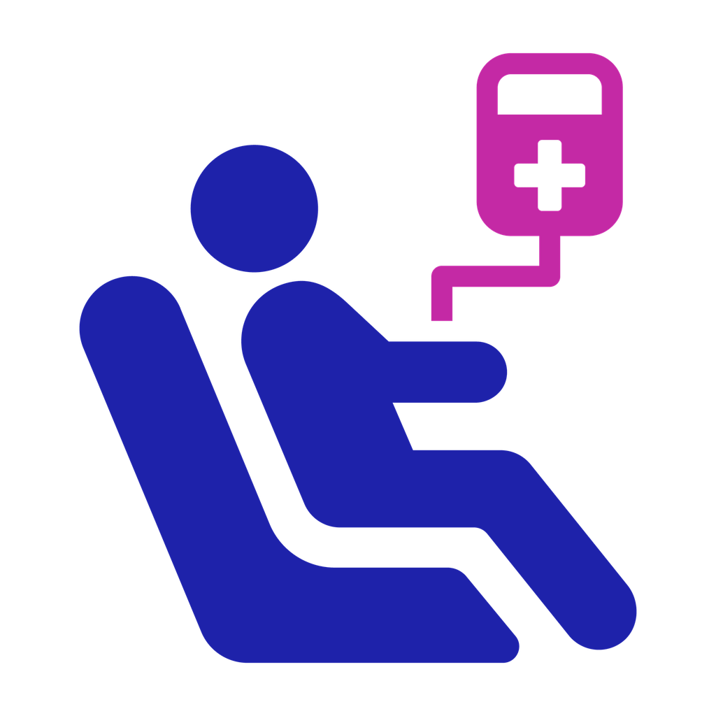 Outpatient drip icon: a person sits in a chair connected to a drip