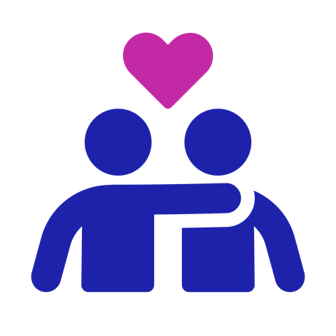Friend, family or partner icon: a person with their arm round another person. There is a heart above them.