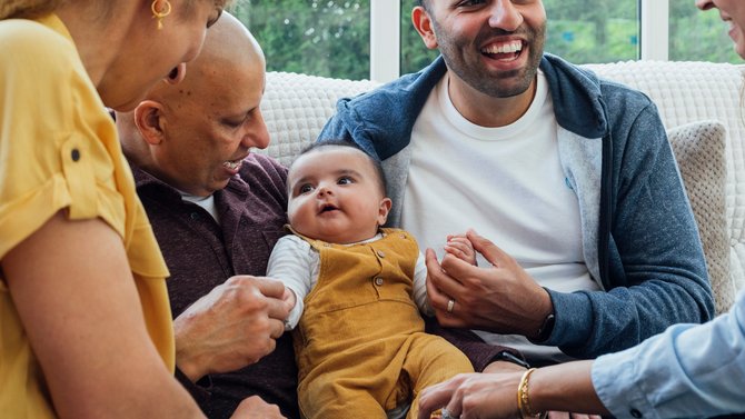 Whole family sitting on sofa smiling