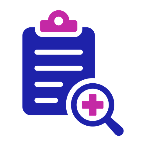 Test result icon: a clipboard with a magnifying glass and a medical cross symbol