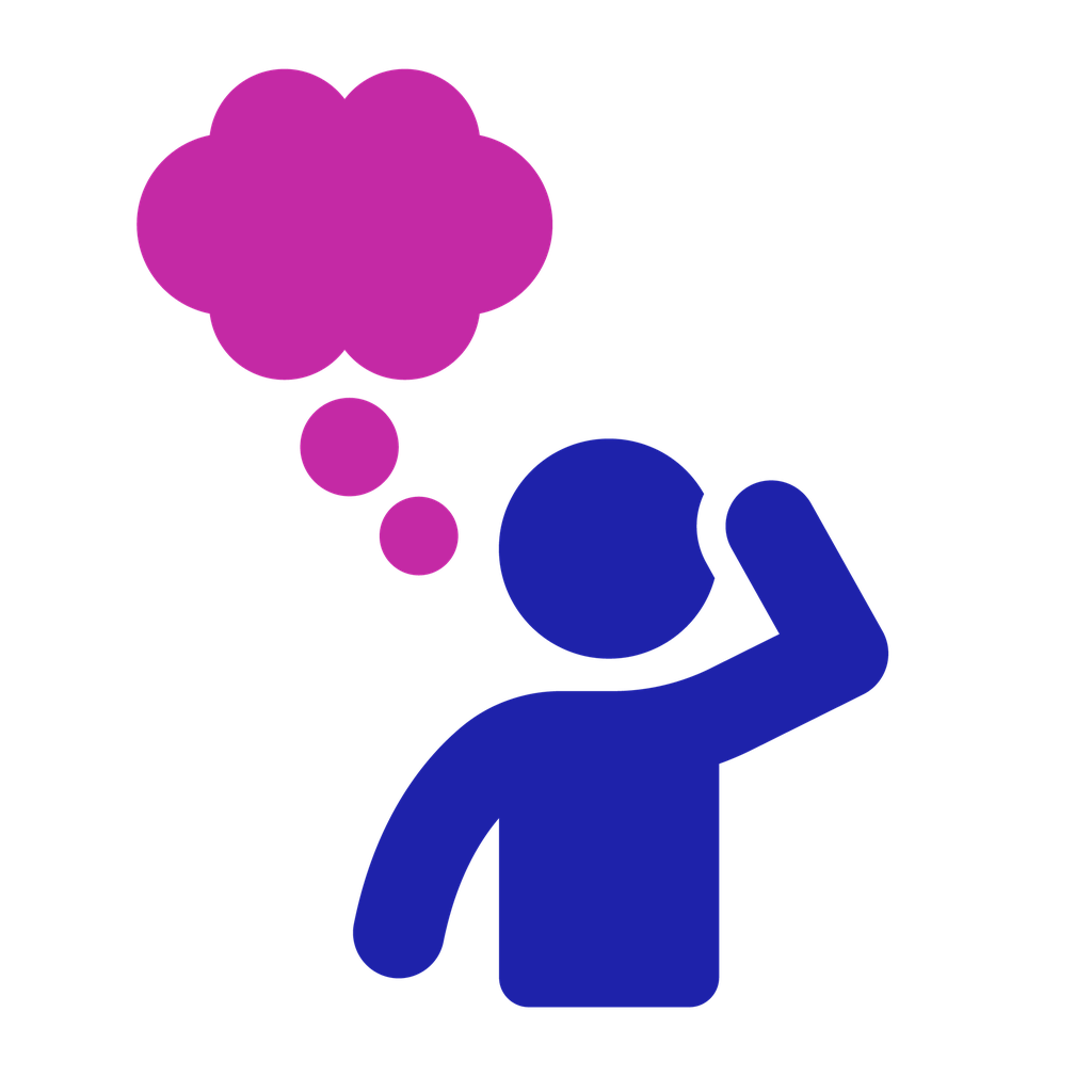 Thinking icon: a person scratching their head. There is a thought bubble above them.