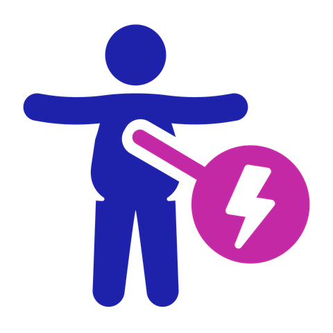 Tummy pain, pressure or bloating icon: a person with a swollen tummy and a lightning symbol next to it to show they have pain