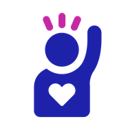 Volunteering icon: a person raising their hand. They have a heart symbol on their body.