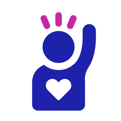 Volunteering icon: a person raising their hand. They have a heart symbol on their body.