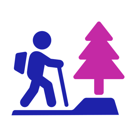 Walking challenge events icon: a person hiking. They are wearing a backpack and there is a pine tree behind them.