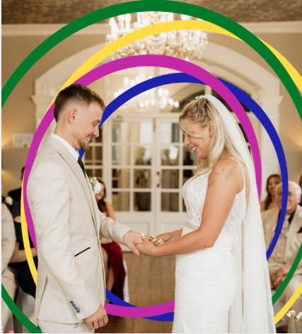 An image of a young couple exchanging rings at the altar